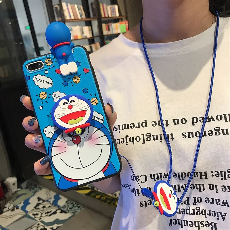 Japan Anime Doraemon Strap Cartoon Doll Bracket Phone Case Cover For IPhone 11 12 13 14 Pro X XS Max XR 7 8 Plus Cover Fundas