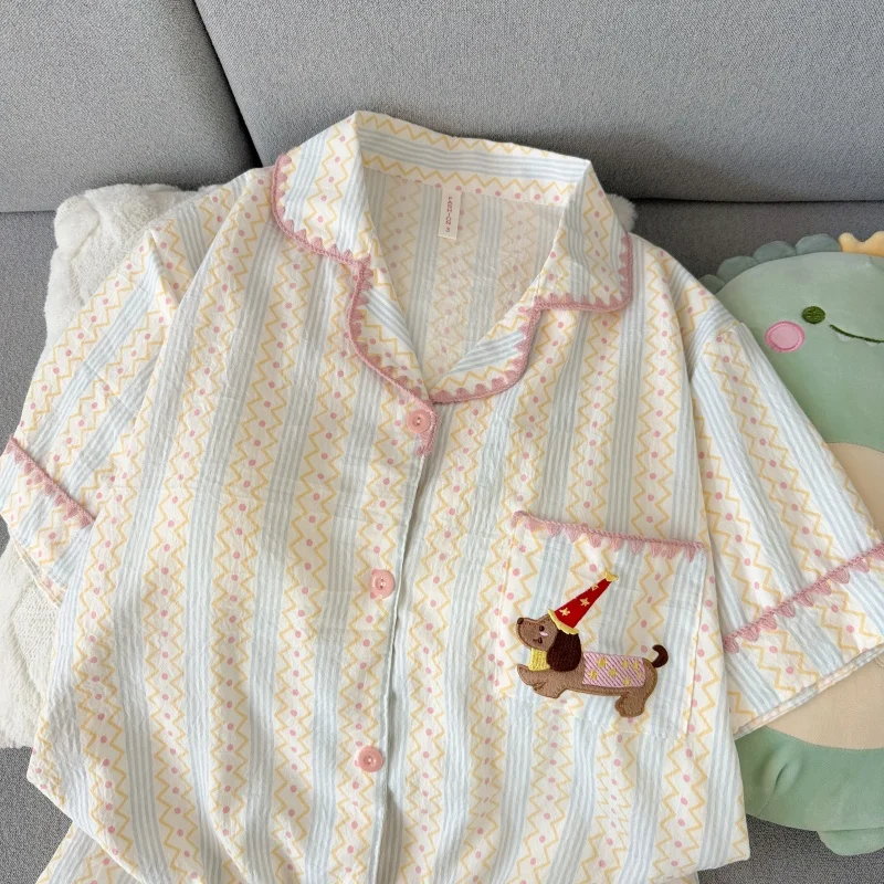 New Spring Autumn Stripes Homwear Dachshund Embroidery Pajamas Women's Pajamas Collared Short-Sleeved Casual 3 Piece Pajamas Set