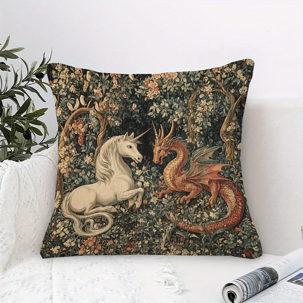 1 Stück Einhorn- und Drachen-Kissenbezug im mittelalterlichen Stil, 2D-doppelseitiger Druck, weicher Polyester-Kissenbezug für Zuhause, Sofa, Schlafzimmer, Auto