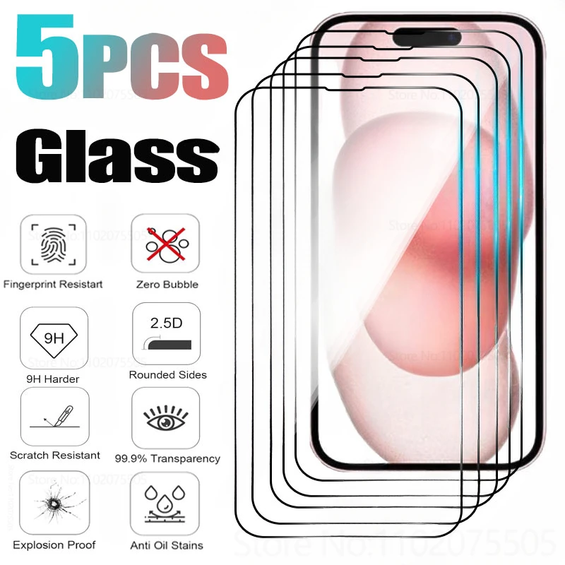 5pcs Tempered Glass For iPhone 14 13 12 11 15 Pro Max Mini Screen Protector For iphone 7 8 6 Plus X XR XS Max Protective Glass