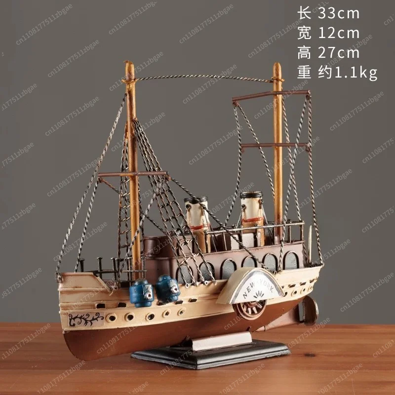37cm Wooden Fishing Boat Model Vintage Hand‑crafted Vessel Ornament Antique Style Nautical Craft Seaside Coastal Home Tabletop