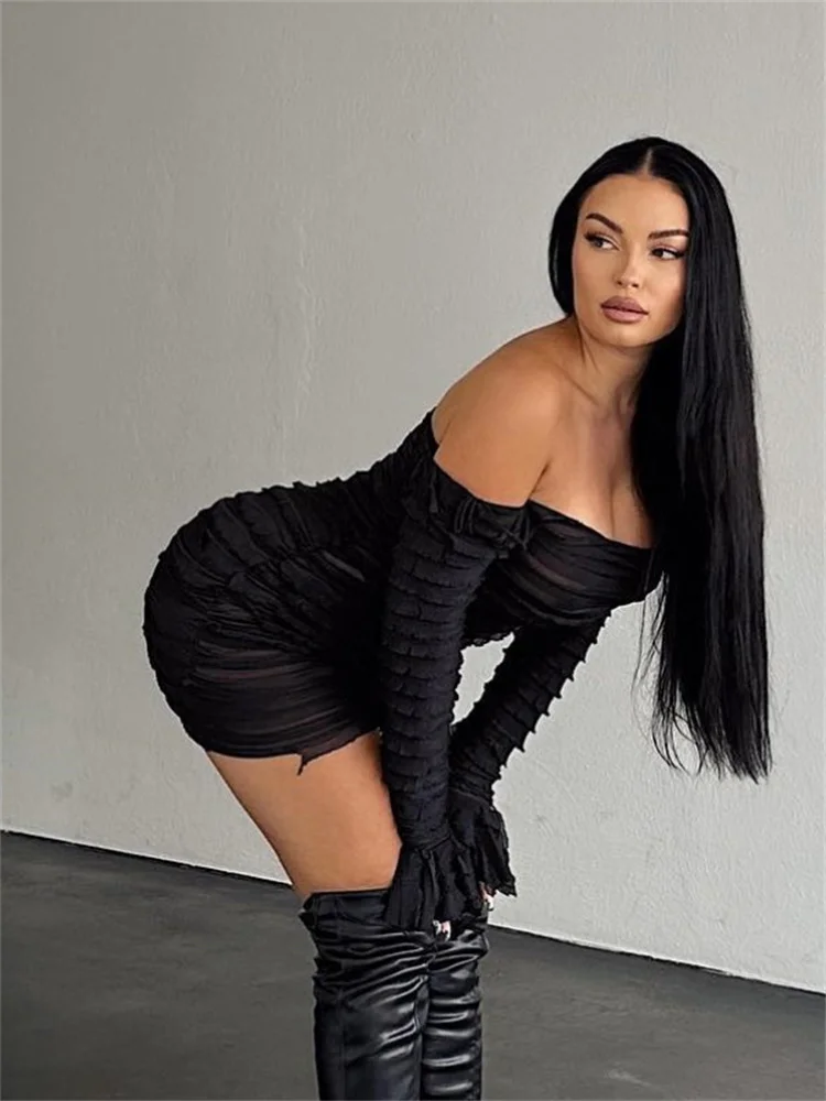 Simenual Balck Ruched Clubwear Women Sexy Off Shoulder See Through Mini Dress Baddie Hot Pleated Bodycon Dresses Fairy Holiday