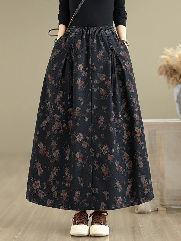 

Casual Floral A-Line Denim Skirt High Waist Slimming Large Size Women's New Sle f-length Belted Loose Fit Commute Faion