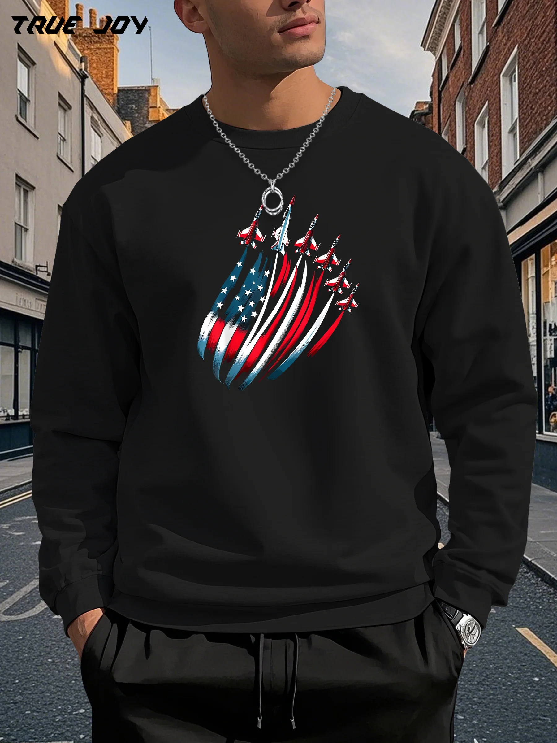 

TRUE JOY" Print Men'S Casual Long-Sleeve Pullover - Comfortable, Relaxed Fit, Round Neck, Ideal for Fall, Winter, Spring