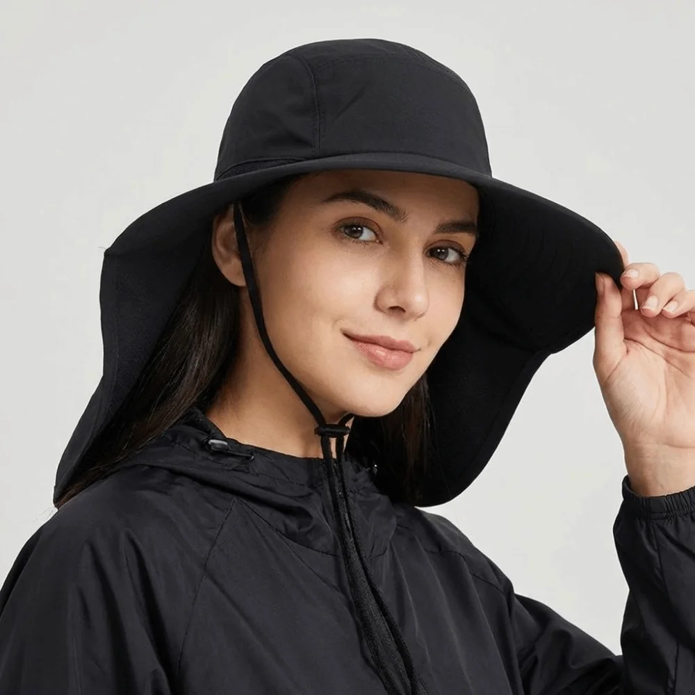 Imagen 3: Sombrero de Sol Simple de Ala Ancha para Exteriores con Protección UV y Solapa para el Cuello, Gorra de Pescador Ajustable y Transpirable, Gorra Tipo Bucket para Senderismo