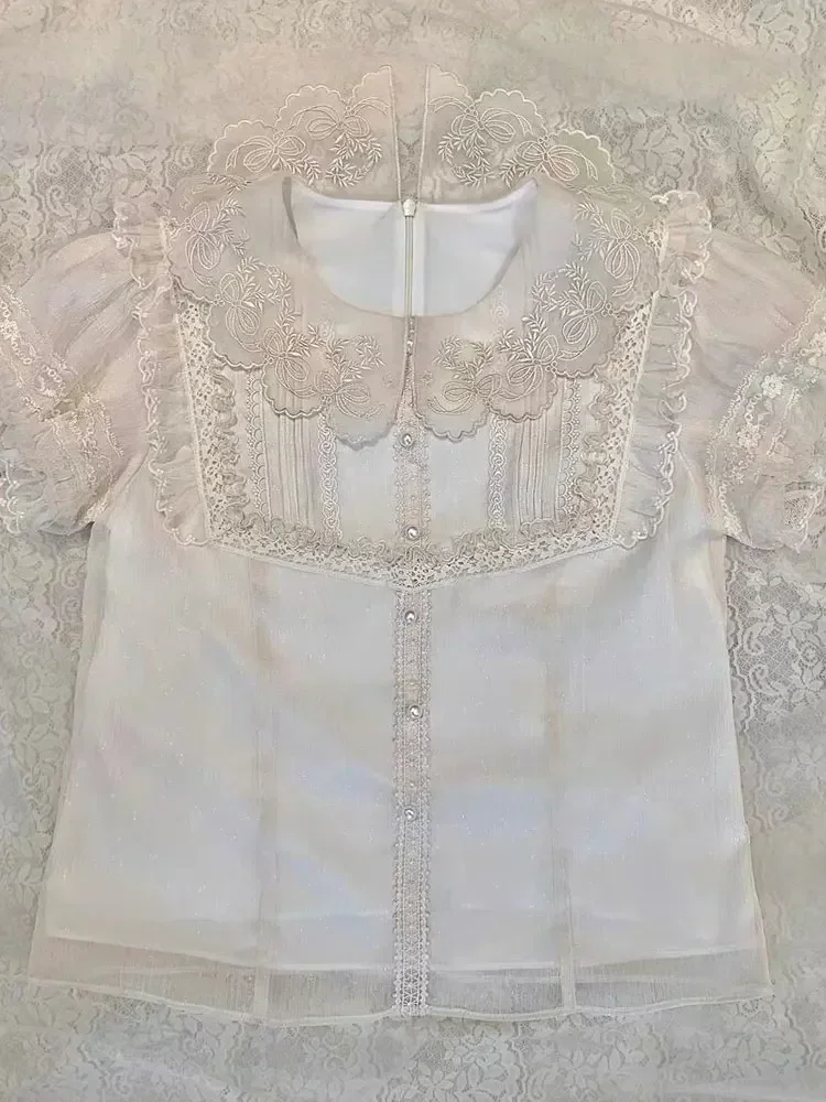 Colletto per bambola in stile occidentale Camicia Lolita carina Top in stile coreano Donna Primavera/Estate 2023 Nuova camicetta con maniche a lanterna in pizzo francese chic