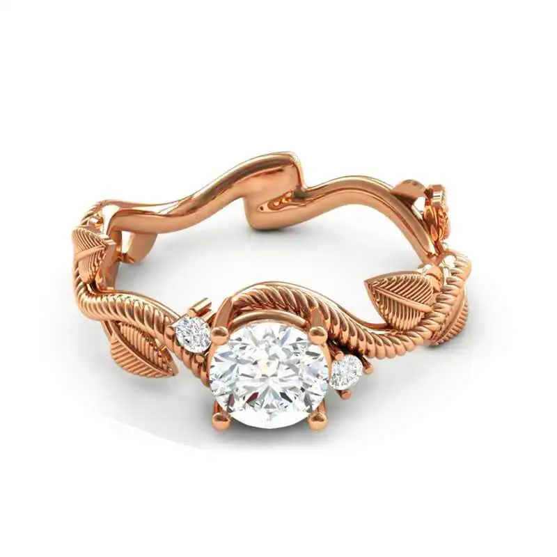 New Rattan Leaf Diamond Encrusted Zircon Ring For Women Copper Plated Rose Gold Flower Finger Ring Female Party Jewelry