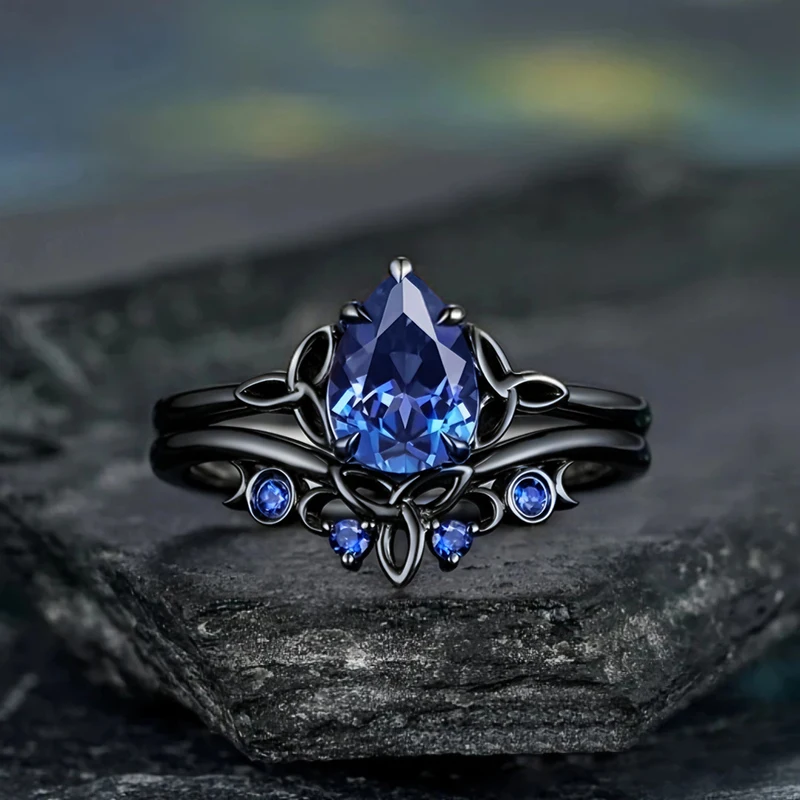 Huitan Unique Black Plated Female Rings with Pear Blue Cubic Zirconia Temperament Elegant Lady Rings for Party Vintage Jewelry