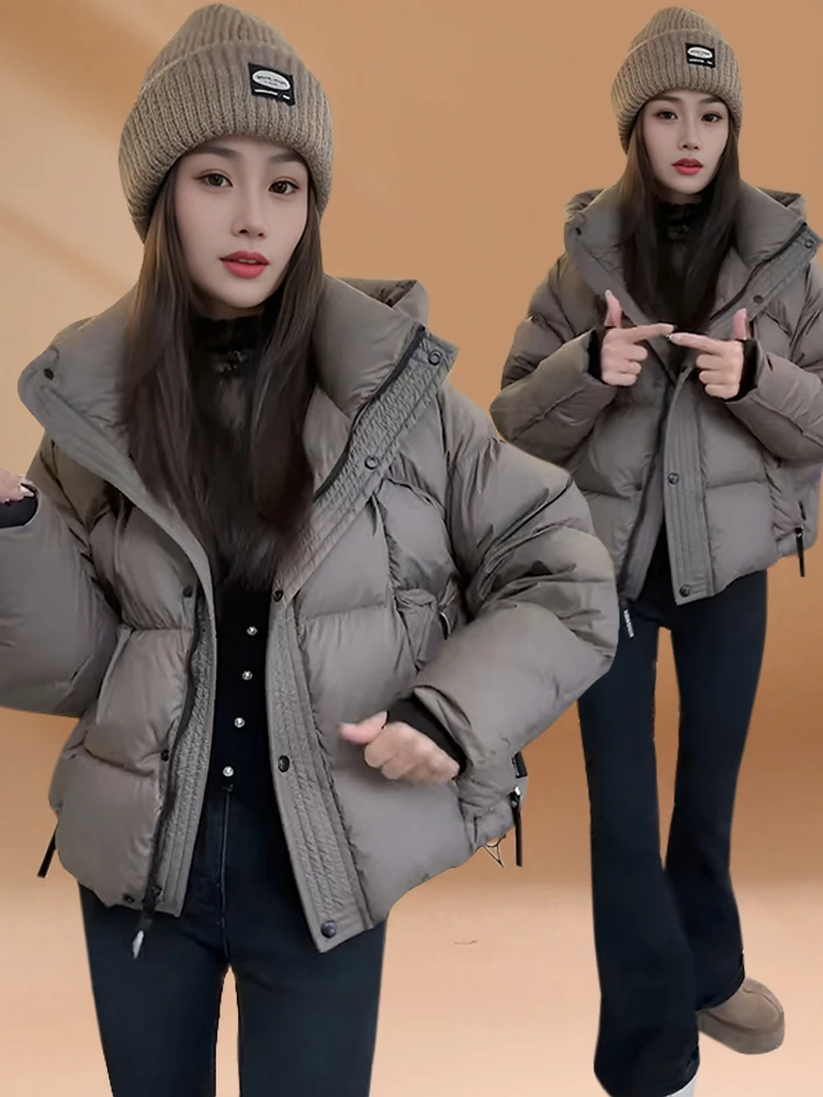 

Женская короткая утепленная хлопковая куртка, зимнее пальто, теплая стильная повседневная модная верхняя одежда с капюшоном, корейский стиль, с длинными рукавами, на молнии