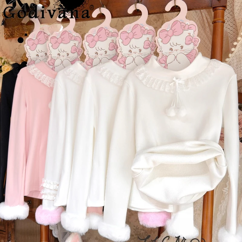 

Оригинальные японские внутренние топы в стиле Лолиты для девочек, милые кружевные плюшевые теплые футболки, кавайный пуловер, одежда для женщин