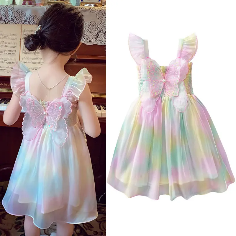 

Cute Color Mesh Dress with Butterfly Wings off Shoulder Tie-Dye Tulle Summer Clothes Party Frock Girls Ranbow Robe Casual Gowns