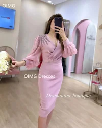 OIMG Fashion Saudi Customized Vintage Prom Dresses Mermaid  Puff Sleeves Beading Midi  Gowns Formal Party Dress Customized