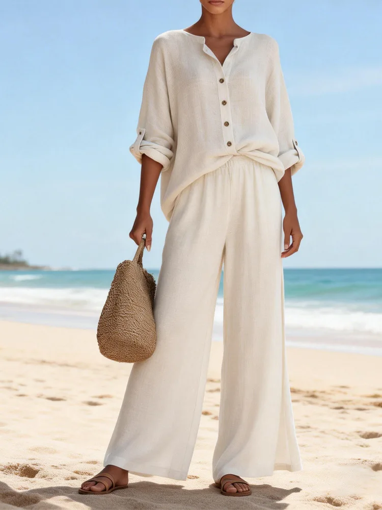 

2026 Women's Linen Two Piece Button Up Roll Up Sleeves Wide Leg Pants Casual Beach Vacation Outfit