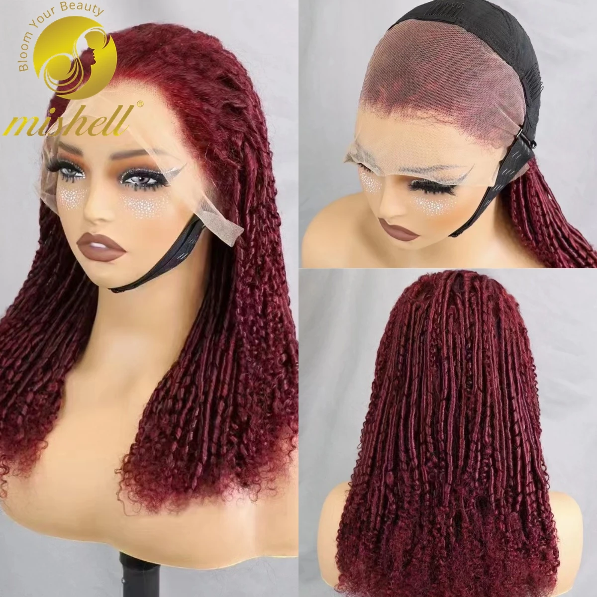 Perruque Lace Wig sans colle naturelle, cheveux humains, bordeaux 99J #, 18 pouces, 13x4, petites baguettes roulées, avec baby hair, densité 250%, pour femmes