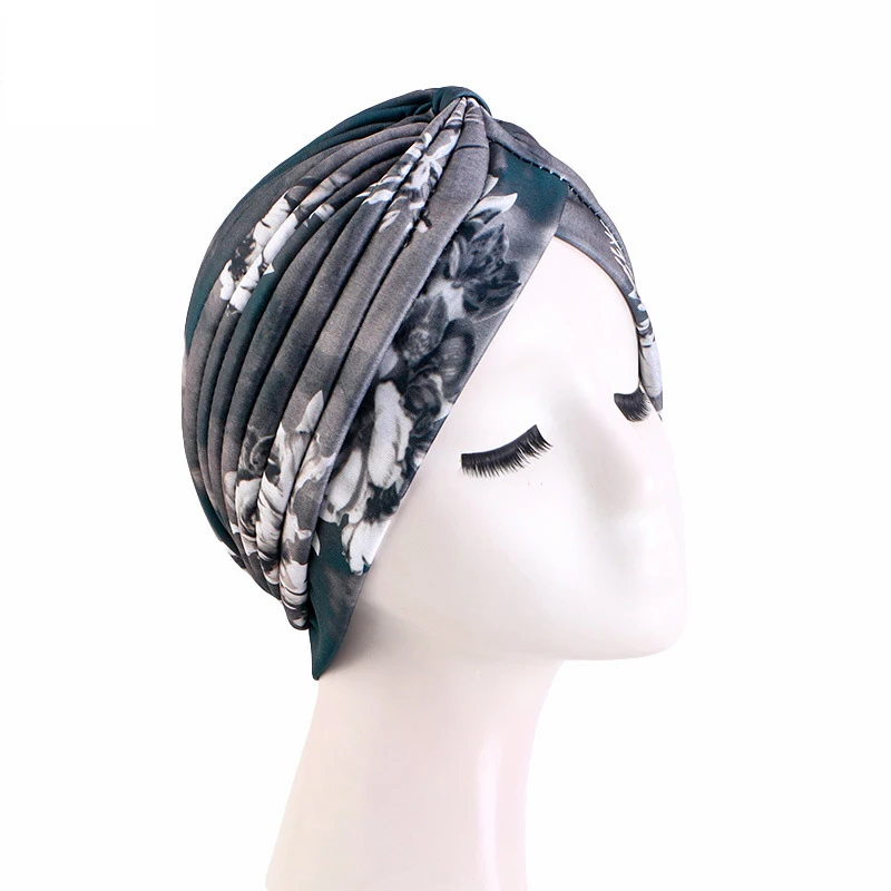 Indian Knotted Turban Print Beanies Women Muslim Hijab Pleated Cancer Chemo Cap Islamic Bonnet Headscarf Hair Loss Cover Skullie