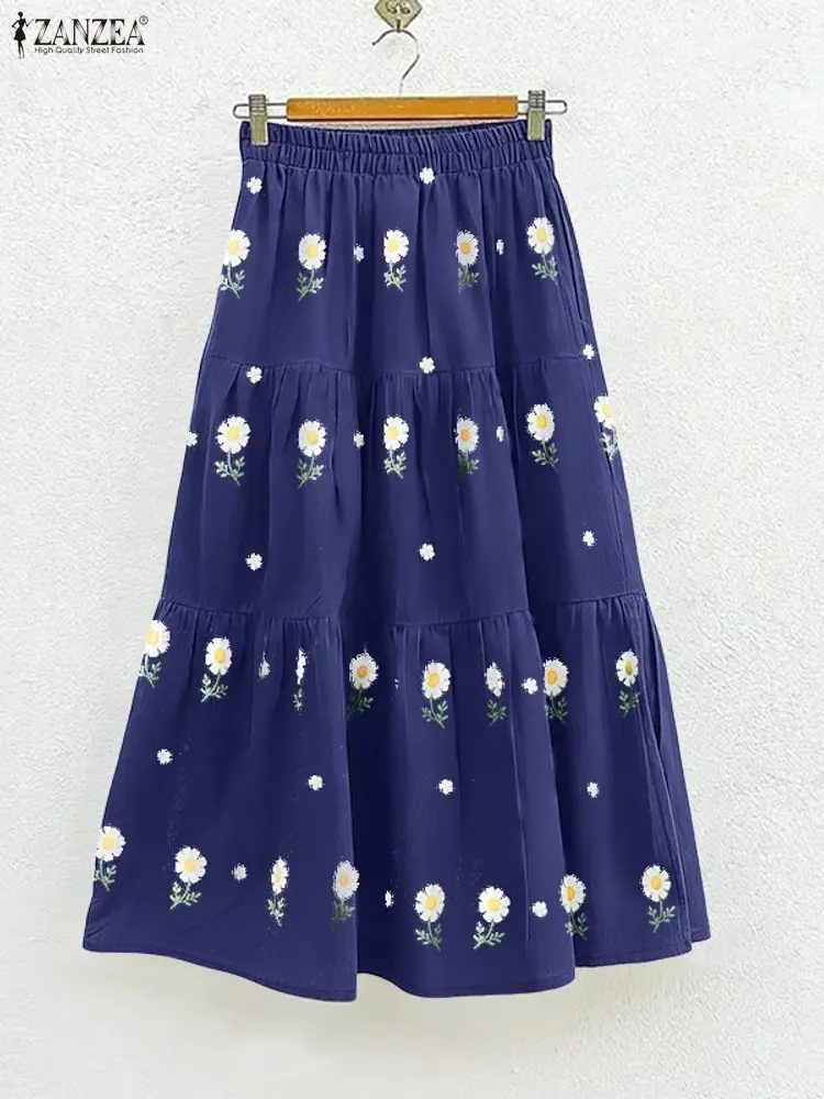 2025年 ザンゼア 秋 カジュアル エラスティックウエスト スカート おしゃれ レディース スカート ヴィンテージ ホリデー 花柄プリント ファルダス サイヤ Aライン ミディ丈 ローブ