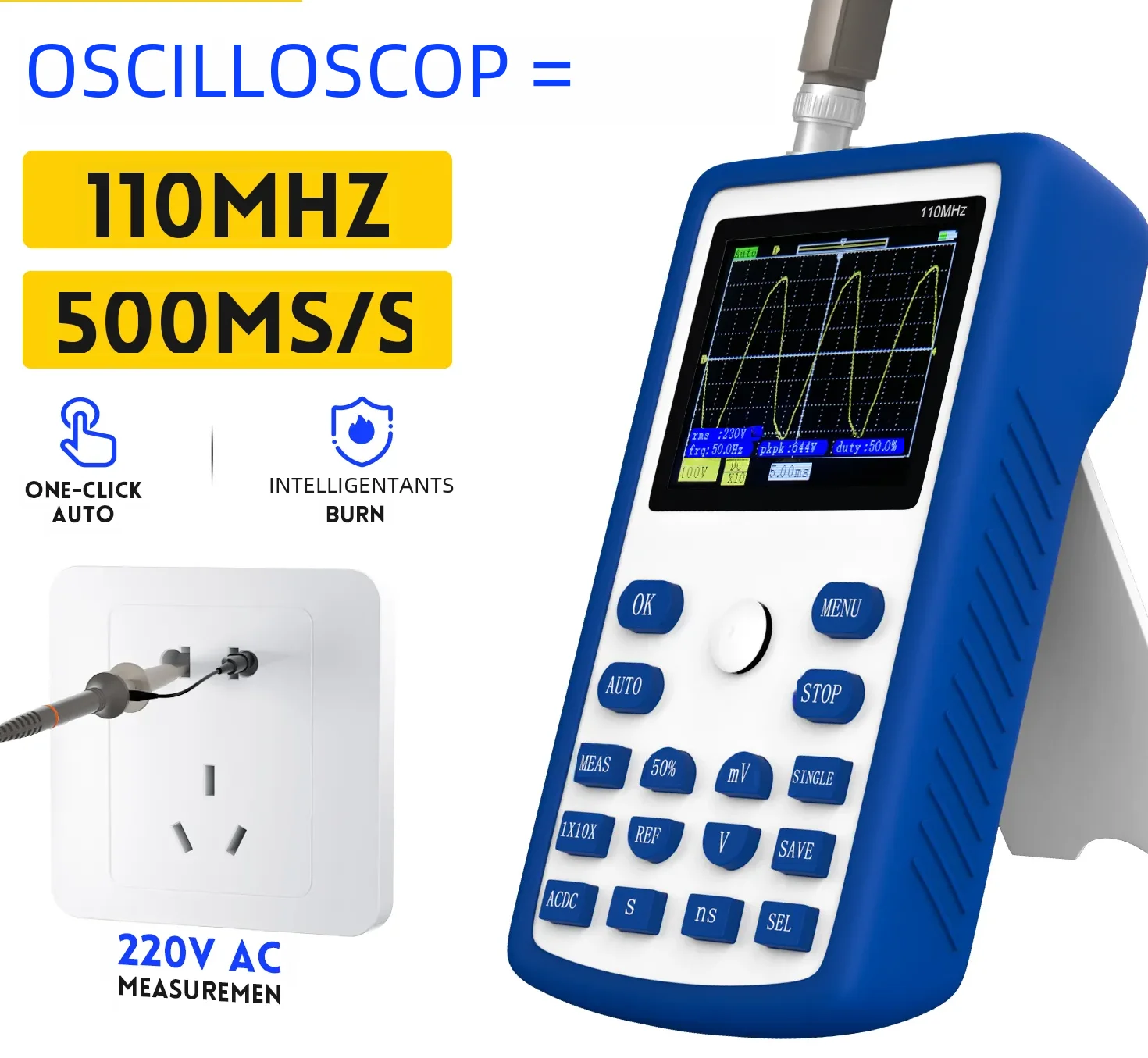 

FNIRSI-1C15 Handheld Mini Portable Digital Oscilloscope 110M Bandwidth 500MSps Sampling Rate 1Khz Square Wave Waveform Storage