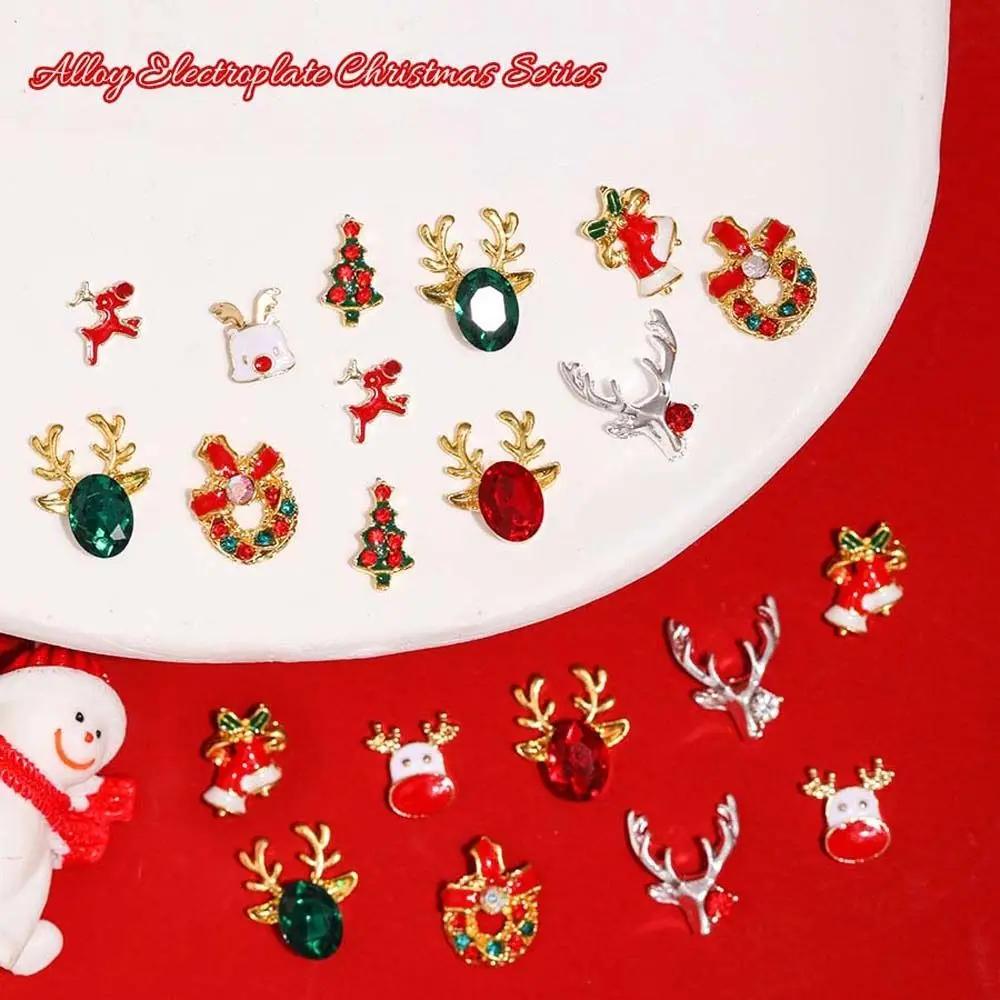 Desenhos animados Elk Natal unhas Decorações, Natal Árvore Doce Shaped, Strass Liga, Xmas Nail Charms, 10pcs por conjunto