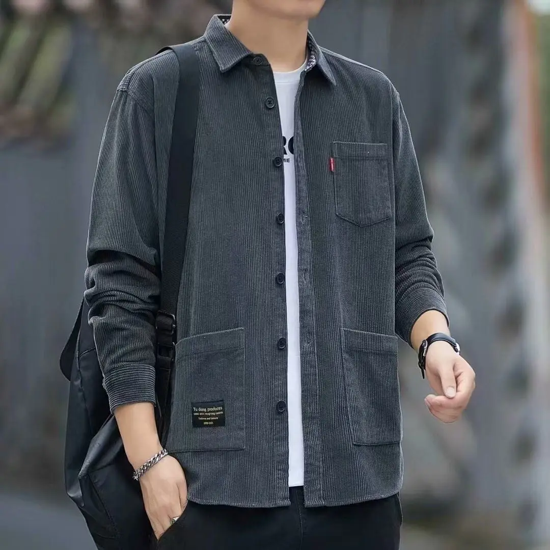 Men's Slim Fit Long Sleeve Corduroy Shirt Casual Wear Multi Pocket Durable Trendy Workwear for Youth Polyester Fiber