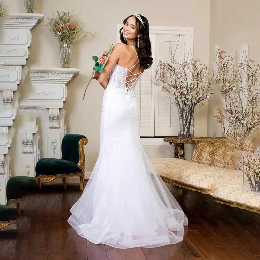 

Women's White Wedding Dresses Skirt Customized Mermaid Ruffle Tulle Floor Length Halter Sleeveless Marry Dress for Back Lace Up