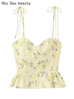 Chu Sau beauty Women New Fashion Sweet Floral Print Cropped Tops French V-Neck Sexy Backless Camisole Chic Ruffles Camis - Image 2