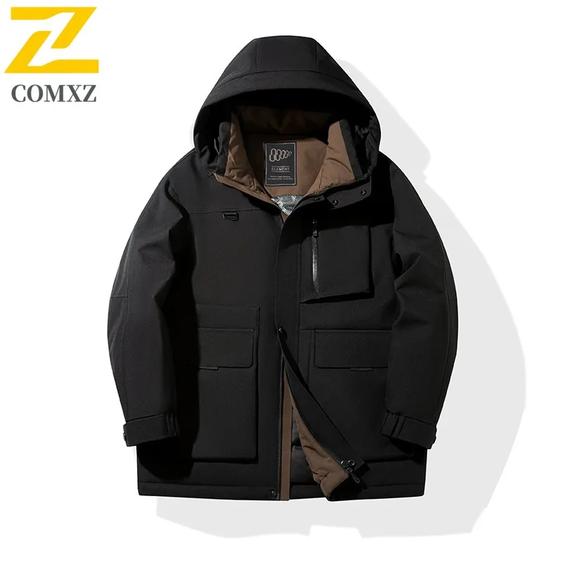 COMXZ Men Winter Padding Hooded Workwear Waterproof Thick Warm Travel Padded Jacket Skiing Windproof Tool Cotton Padded Jacket