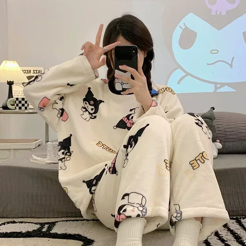 Sanrio Anime HelloKitty Pajamas Kawaii Kuromi My Melody Flannel Pullover Coral Velvet Winter Thick Loose Pajamas Girl Gifts