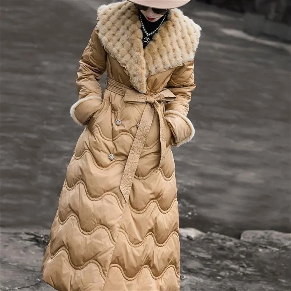 

Women's Sweater Collar Cotton-padded Winter Fashion Temperament Socialite Long Belt Waist Duck Down Jacket Coat Top JJ624
