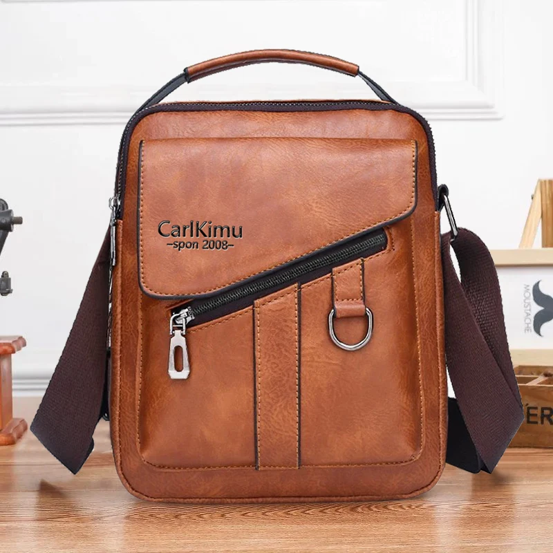Men Vintage Brown Leather Shoulder Bag CarKimu Crossbody Messenger Bag with Zipper Pocket Casual Business Handbag for Daily Use
