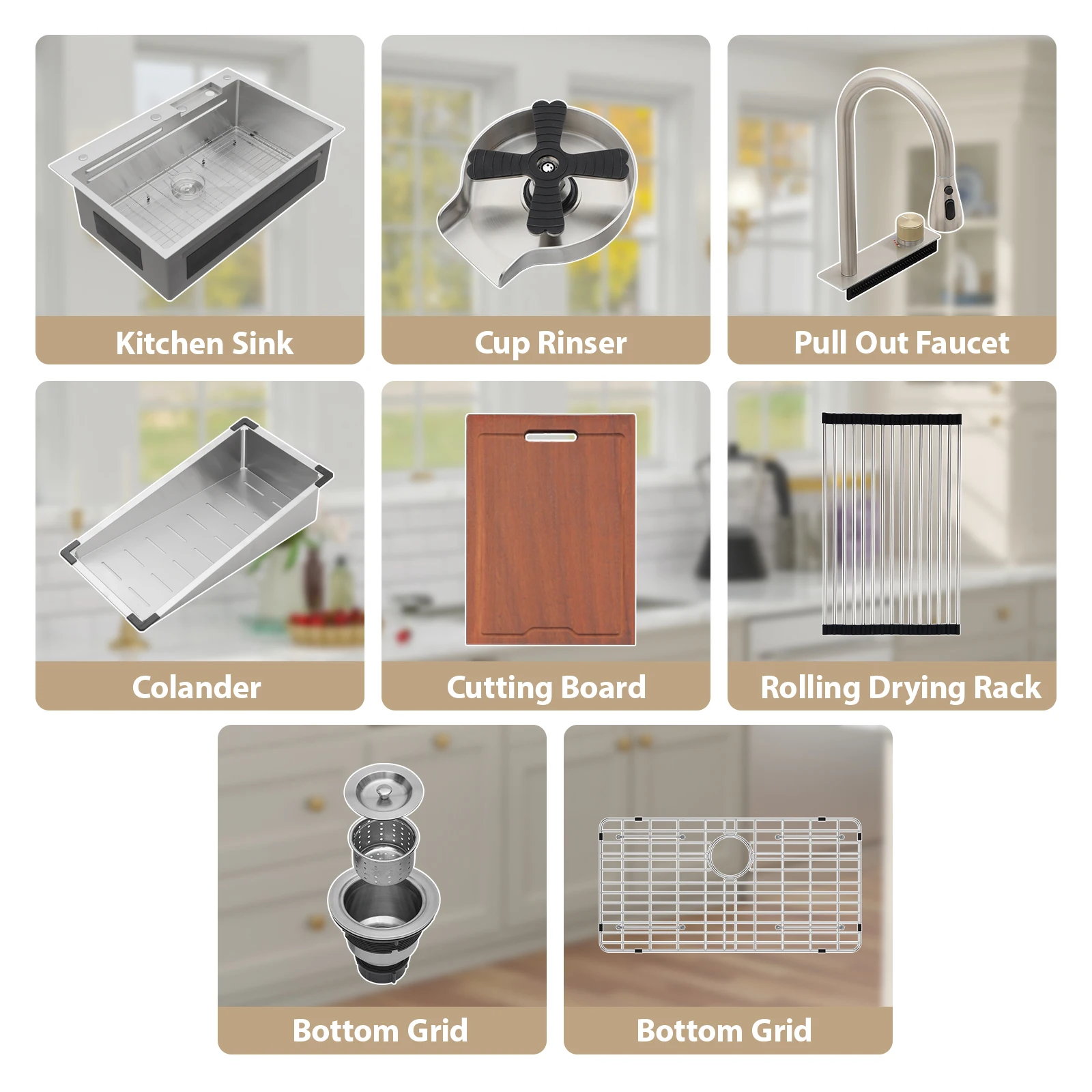 33 Drop Kitchen Sink with Faucet Combo  Waterfall Kitchen Sink Workstation Single Bowl  with Pull Out Faucet, Glass Rinser