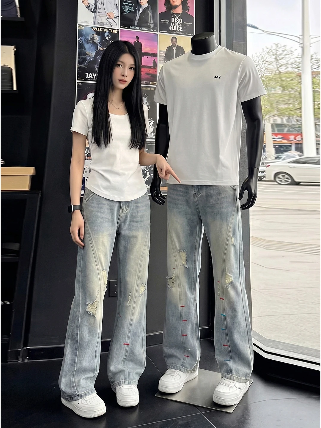 

Cleanfit Men's Knife Cut Distressed Denim Jeans Summer American High Street Embroidered Straight Leg Micro Flare Pants