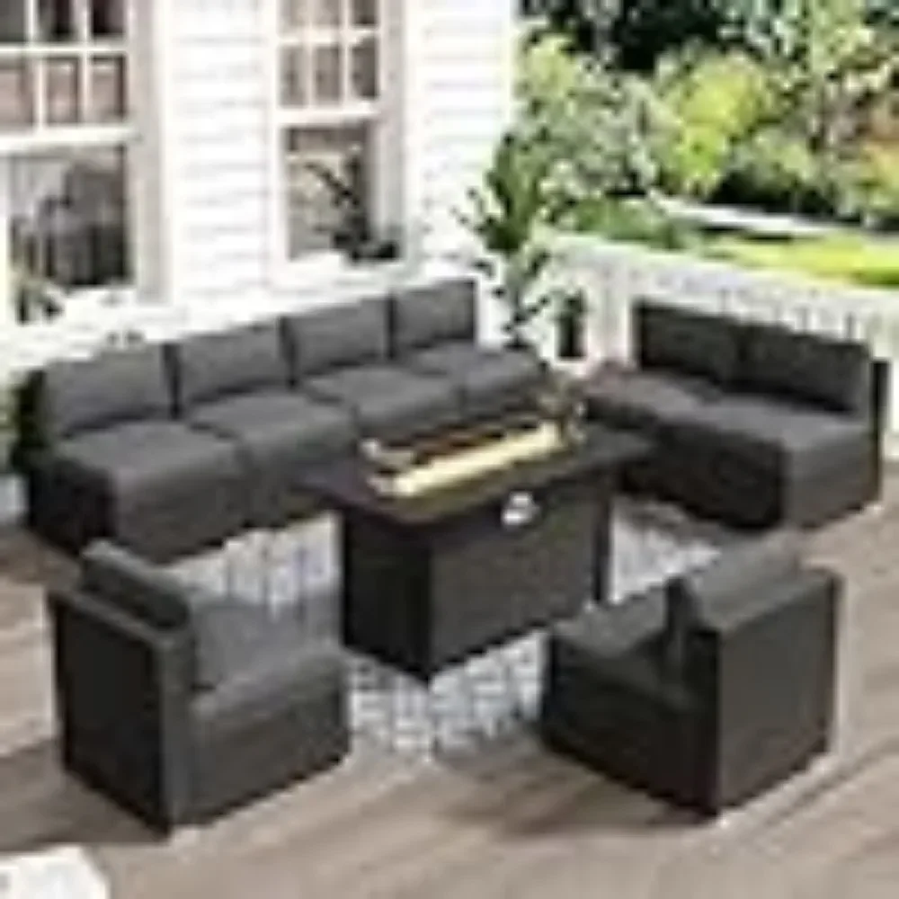 

9-Piece Outdoor Patio Furniture Set, PE Rattan Conversation Set Couch with Fire Pit Table and Cushions for Lawn, Garden Sofas