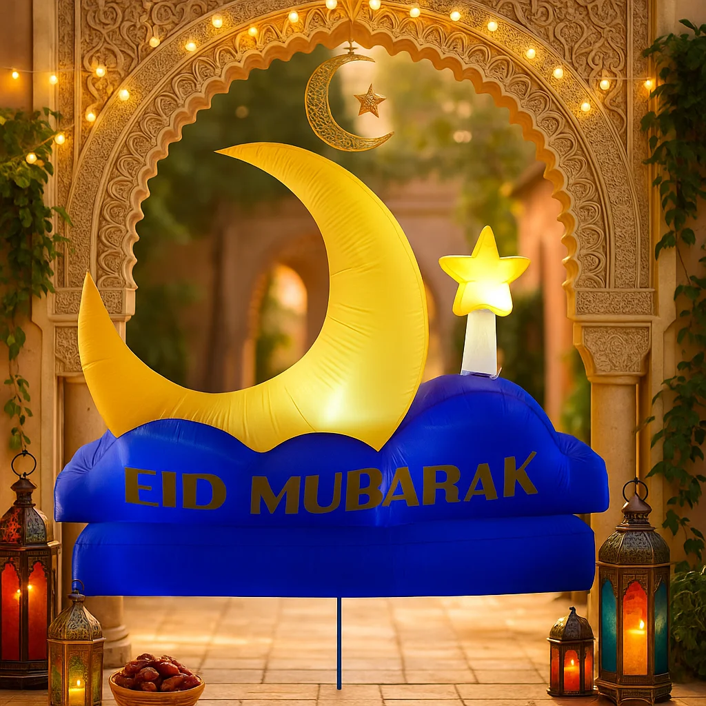 

7FT Ramadan Mubarak Inflatable Blue Crescent Decor Yellow Star Islamic Holiday Decorative Supplies Ramadan Inflatable For Yard
