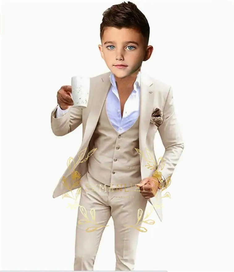 Suit for Boys Beige Jacket Pants Vest Wedding Tuxedo 3 Piece Casual Party Dress Kids Blazer Set costume enfant garçon mariag