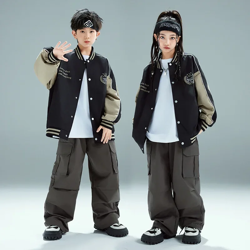 

New Children Street Dance Clothes Sets Boys Bomber Jacket Cargo Pants Outfits Girls Jazz Dance Costumes Kids Cool Hip Hop Suits