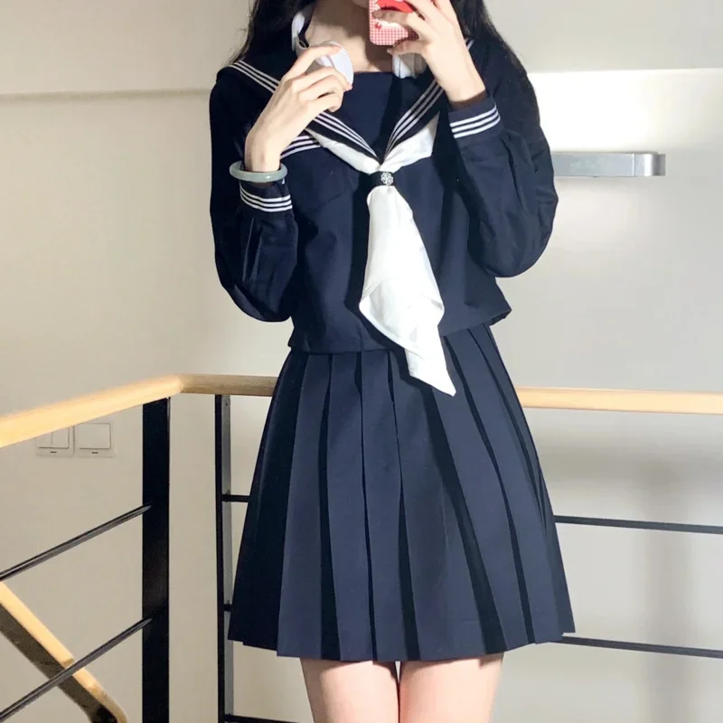 Navy Three Lines Sailor Suit Summer Spring Japanese School Uniform College High School Girls Students Uniforms Pleated Skirt