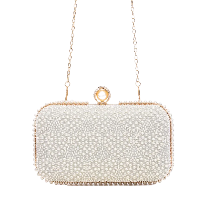 

Women's Luxury White Pearl Box Clutch Bag with Chain Strap Elegant Evening Party Handbag for Wedding Dinner