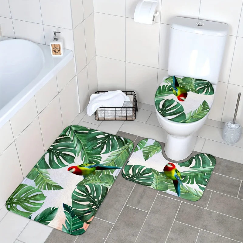 3pcs/ Parrot And Tropical Leaves Printed Floor , Three-piece Bathroom Set, Non-slip , Water-absorbent Mat, Toilet L