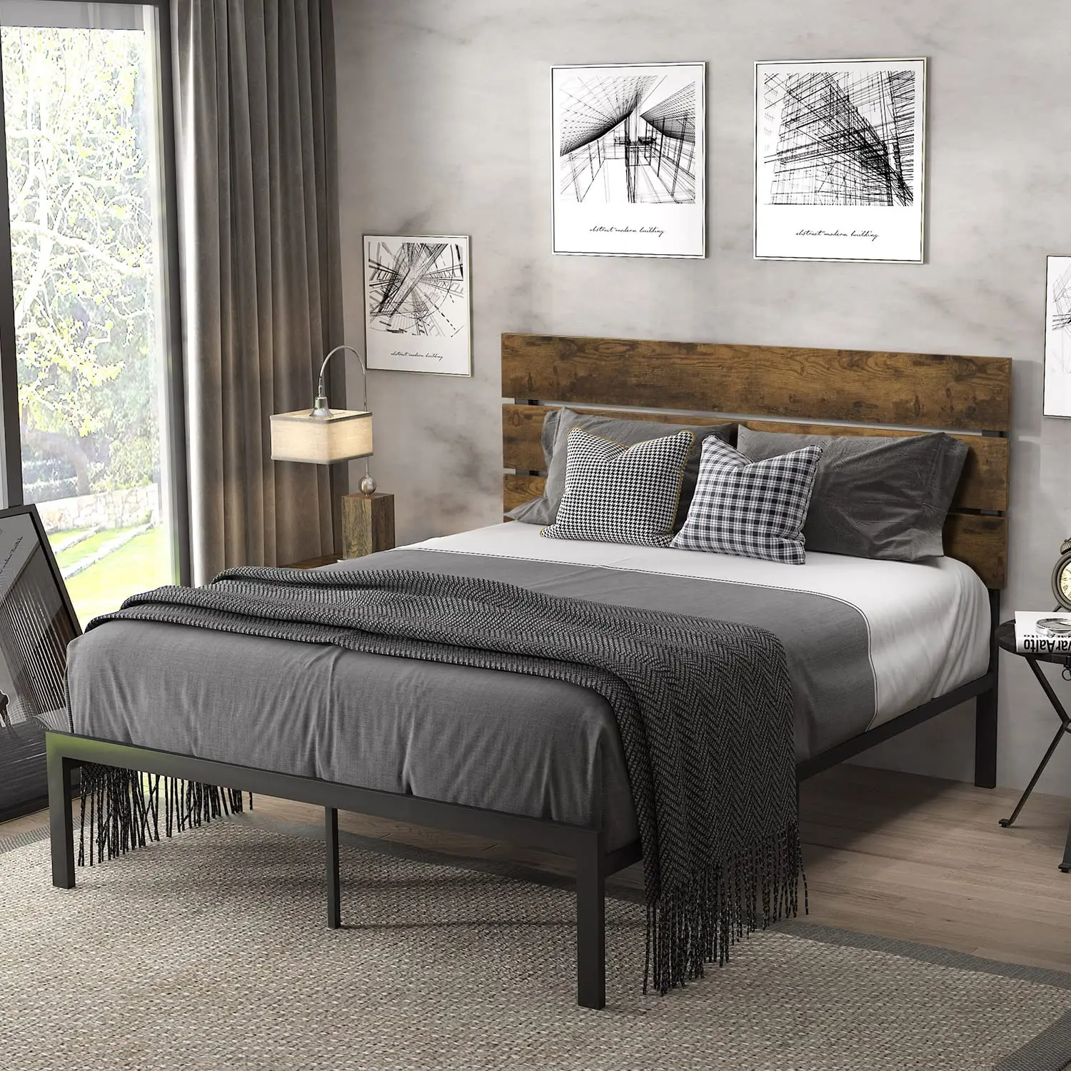 

Wood Platform Bed Frame with Metal Slats Rustic Style Box Spring Optional Dark Brown, Customized