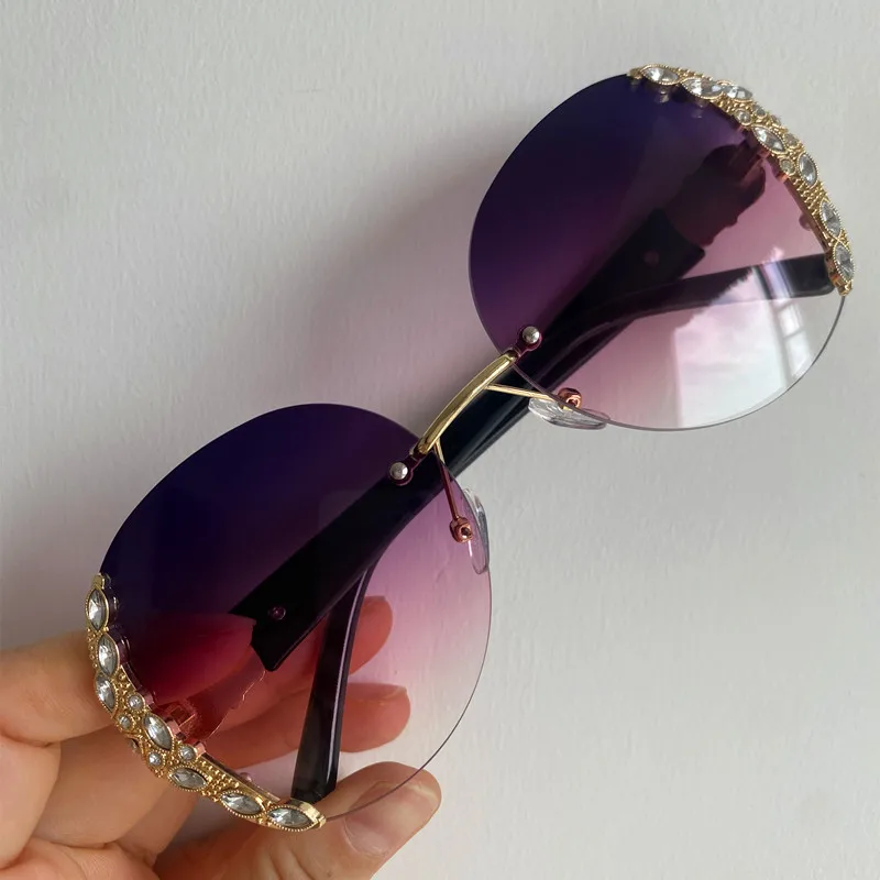 Fashion Sun Glasses Rimless Adumbral Anti-UV Spectacles Gradient Color Eyeglasses Diamond Studded Ornamental Women Sunglasses