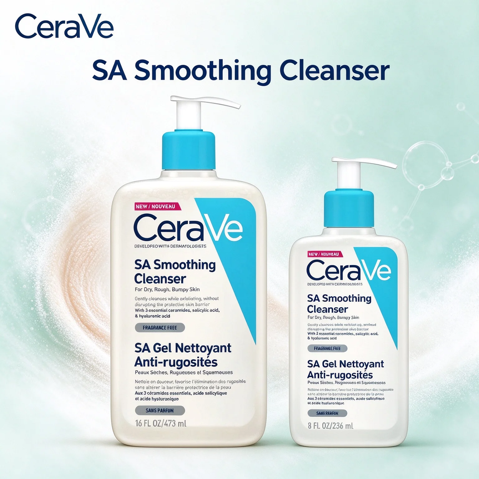 CeraVe SA Smoothing Cleanser 8oz/16oz(236ml/473ml) Dermatologist Developed Gel Nettoyant Anti-rugosités For Bumpy Skin