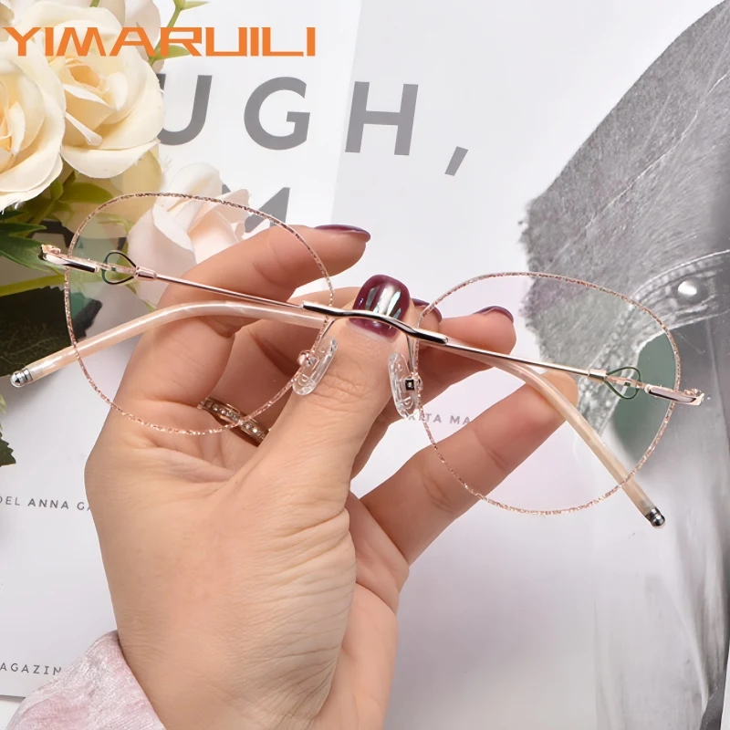 YIMARUILI Fashion Trend Women's Rimless Glasses Ultra Light Decorative Alloy Glitter Retouch Face Optical Prescription Eyewear