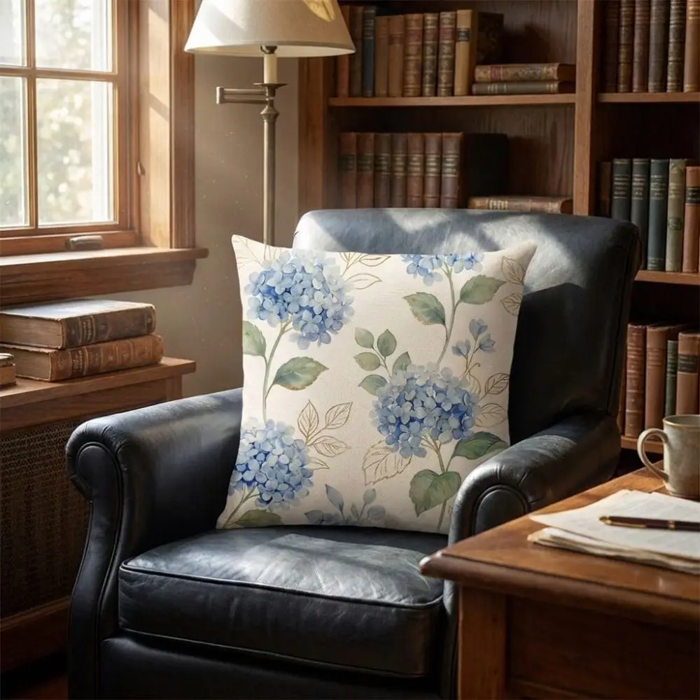 Skin-Friendly Hydrangea Cushion Cover Flower Printed Linen Floral Pillow Cover with Zipper Soft Throw Pillow Cover Living Room