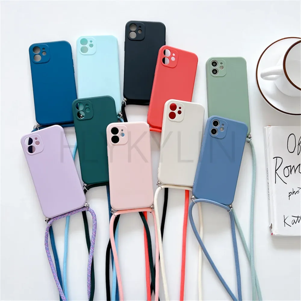 Capa de Telefone Crossbody Colar Strap, Capa de Silicone Macia, Cordão Cordão, iPhone 13, 12 Mini, 11, 14, 15 Pro, X, XR, XS, Max, 6S, 7, 8 Mais