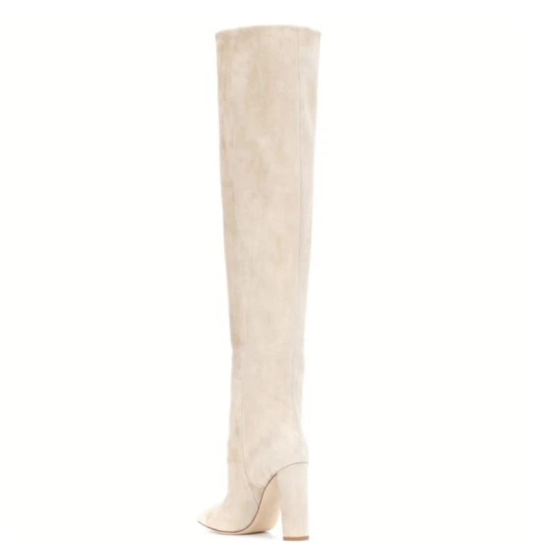 Big Size 43 45 2024 Winter Classics Pointed Toe Knee Boots for Women European and American Style Slip on High Heel Beige Shoes