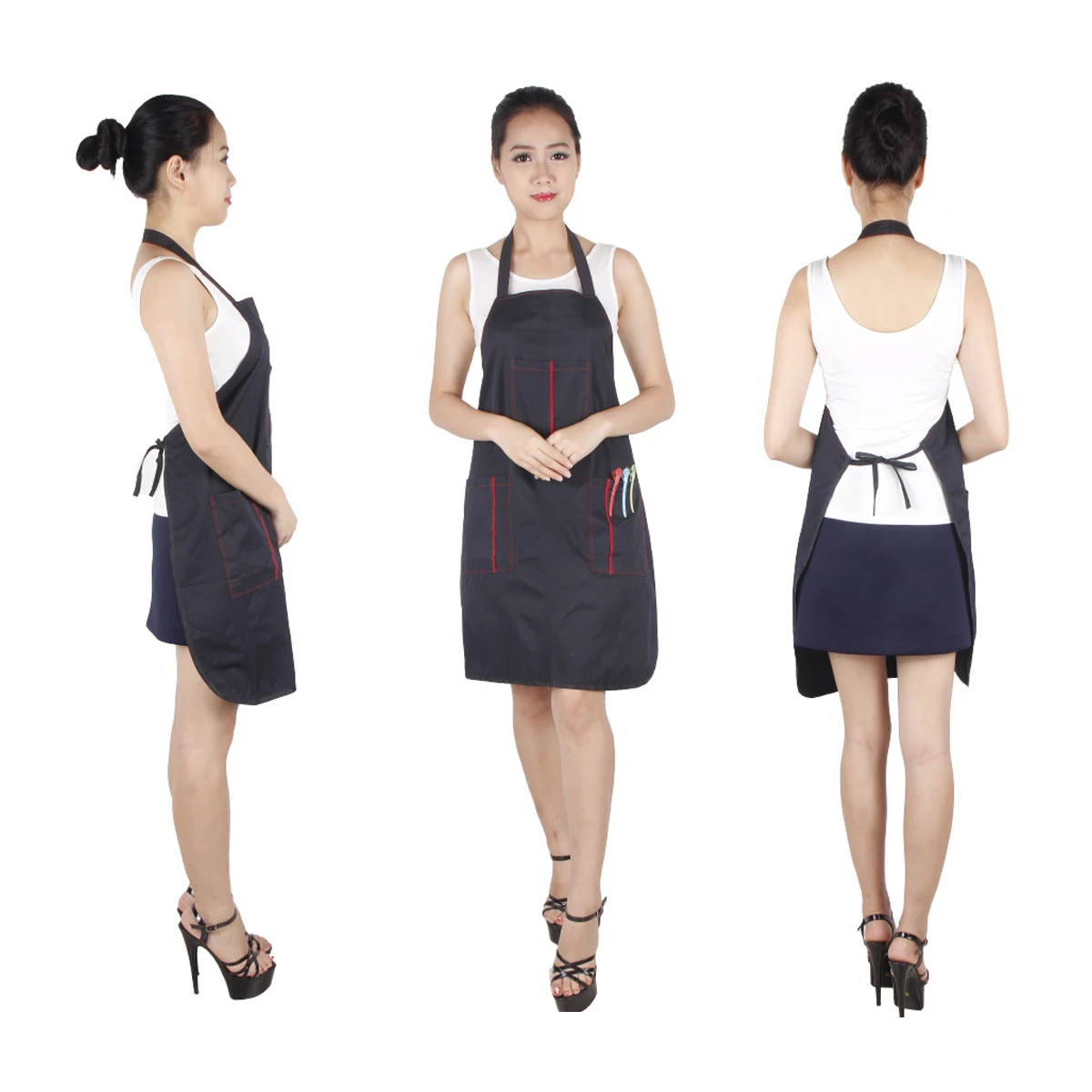 

1pc Waterproof Stain Resistant Salon Apron For Hairdresser Barber With 3 Pockets Black Work Uniform Professional Apron
