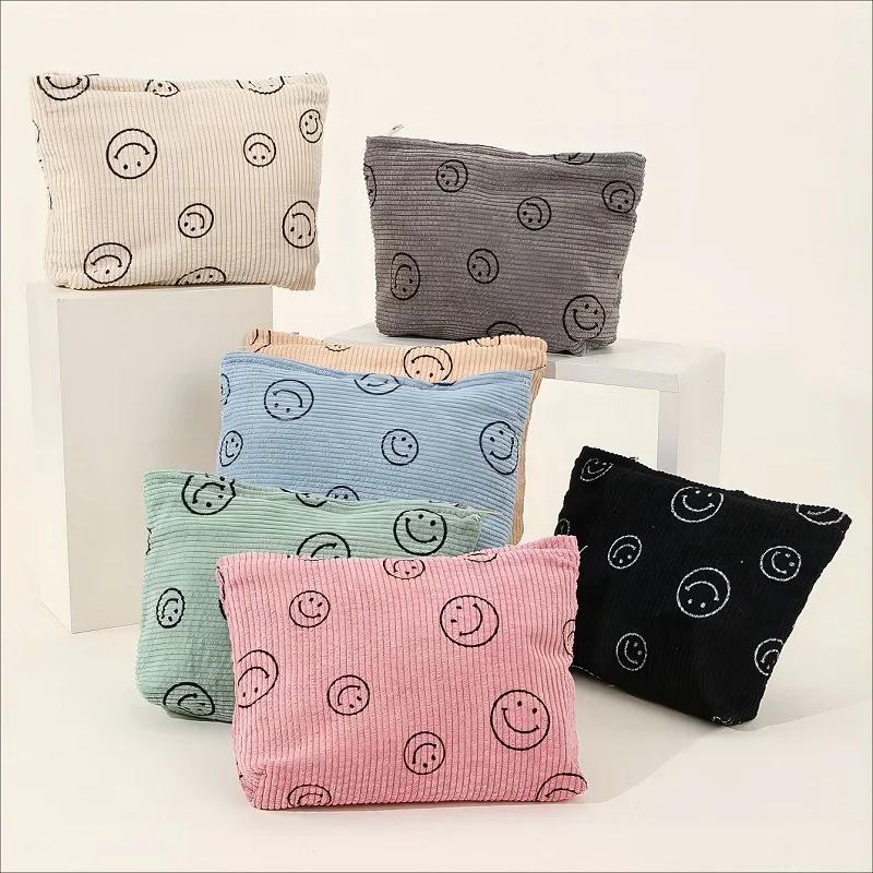 10x6,3x2,6 pollici (27x16x6,5 cm) Borsa per cosmetici in velluto a coste con volto sorridente, Borsa per trucco a pois Borsa da toilette da viaggio