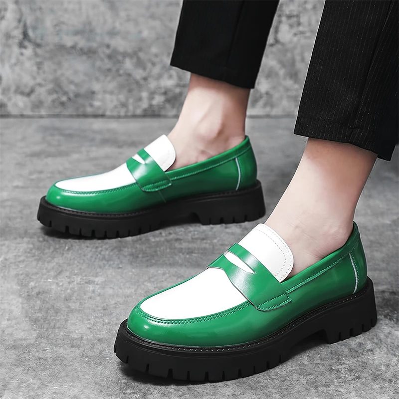Fashion Brand Breathable Anti Slip Color Blocked Casual Loafers British Style Men's Comfortable Thick Soled Casual Leather Shoes