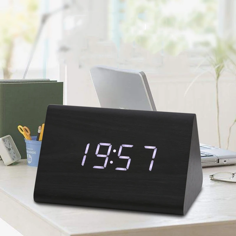 Table Alarm Clock LED Wooden Digital Clock Voice Control LCD Time Display USB Charger Desktop Electronic Clock Home Office Decor