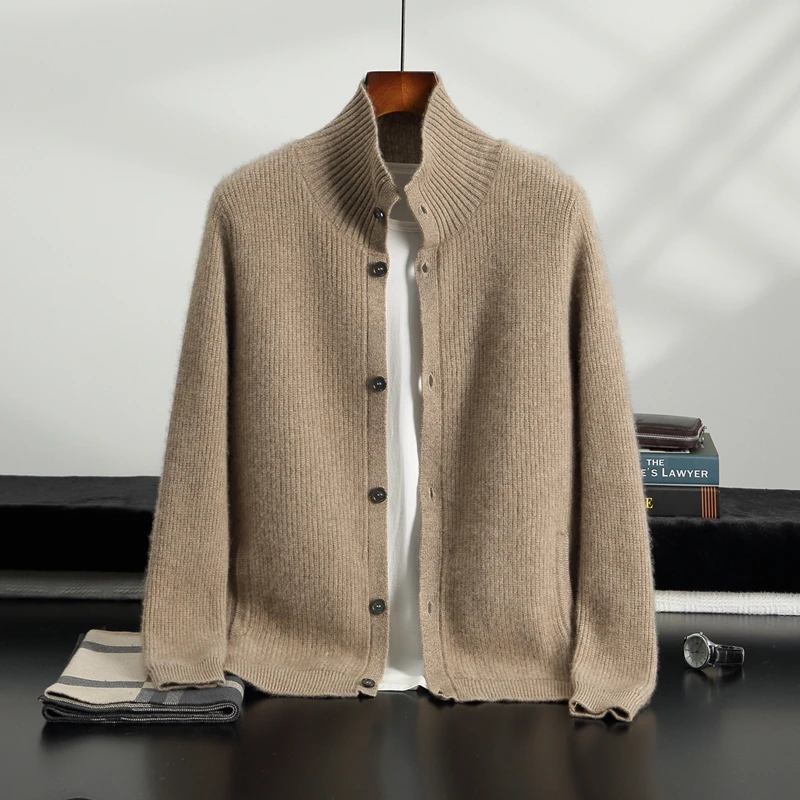 

Button High-Collar Thick Cardigan Men's 100% Cashmere Fashionable Temperament Sweater Autumn Winter Soft Comfortable Knit Jacket